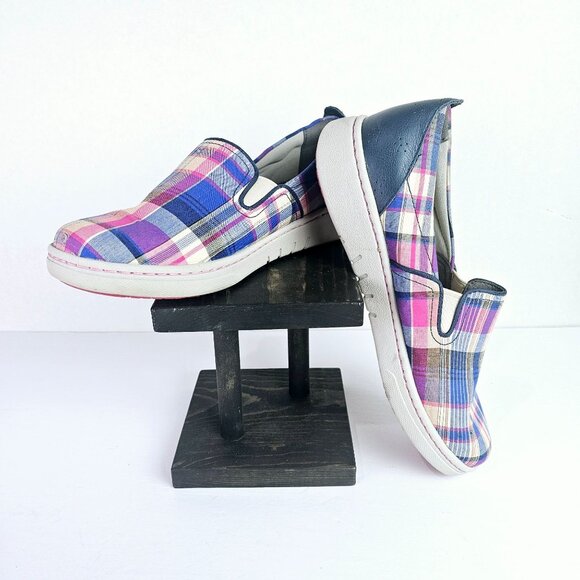 Dansko Women's Belle Slip On Blue Madras Plaid Arch Support Flats, 40 - Picture 2 of 9